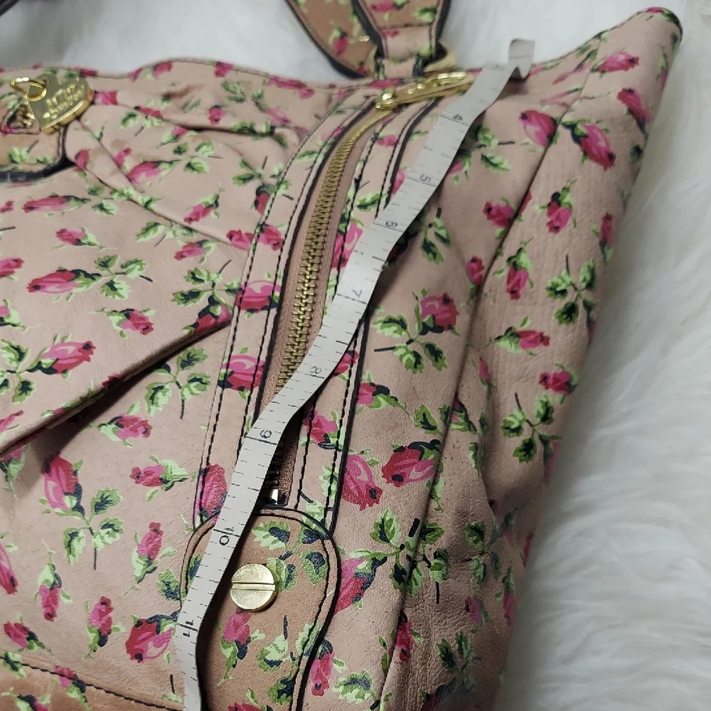 Betsey Johnson Beige Floral Tote with Pink Roses and Green Leaves